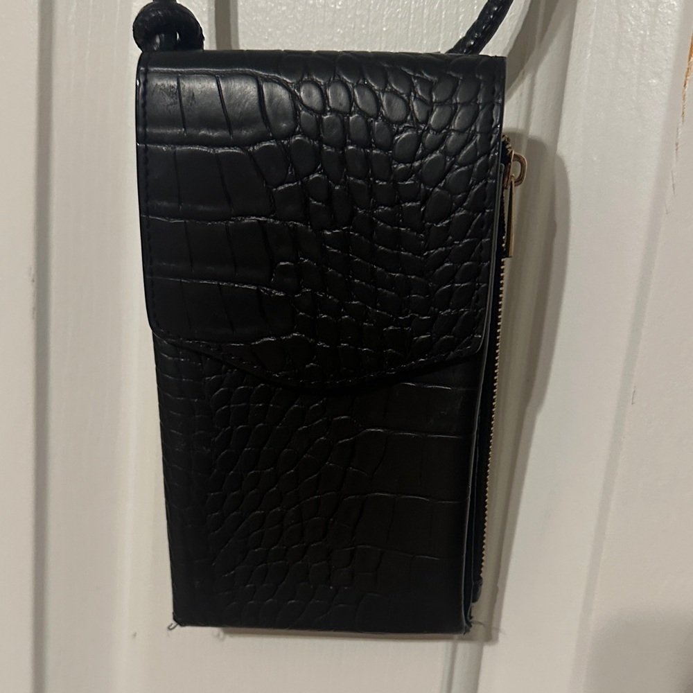Small Black Croc-Embossed Crossbody Bag